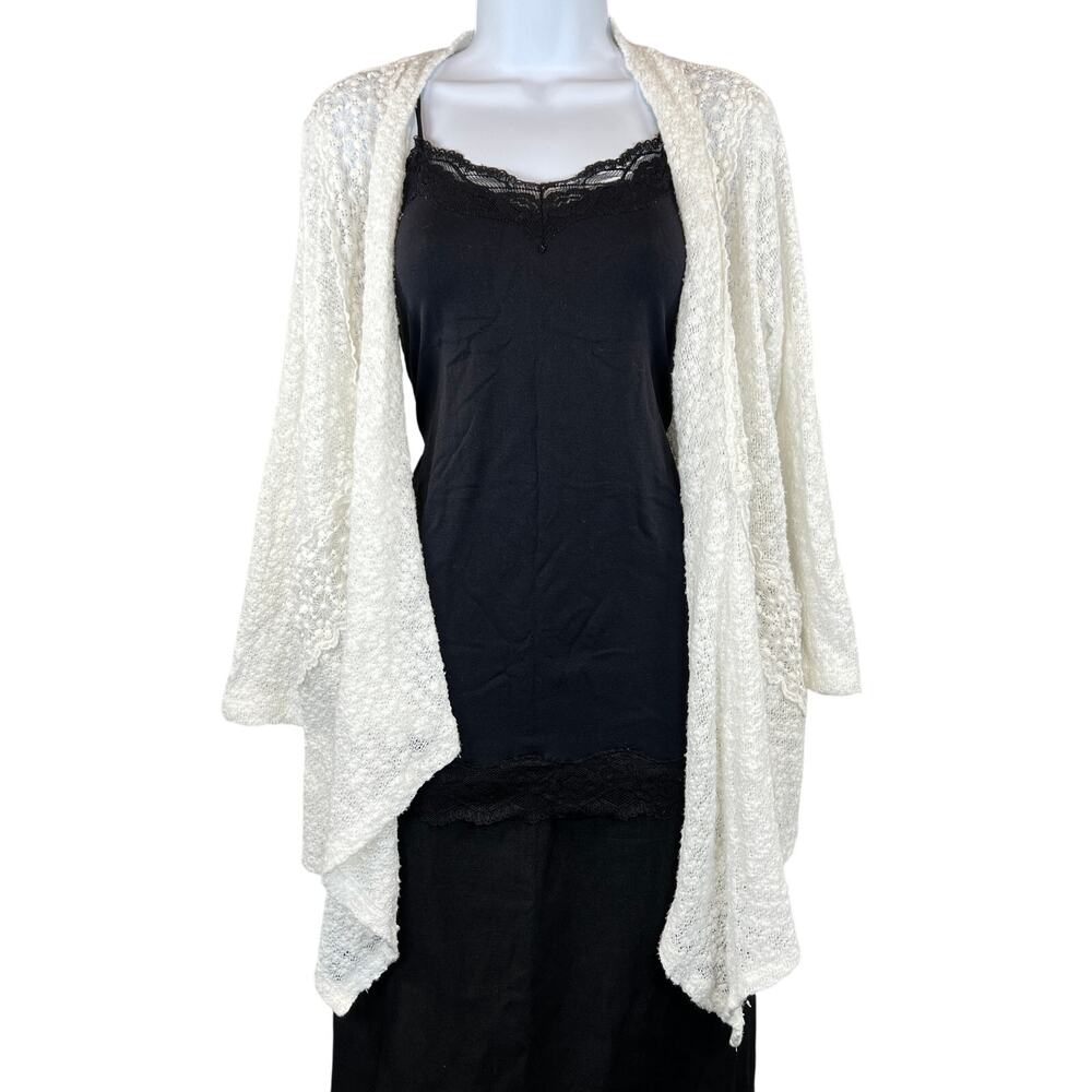 Cottage Fairycore Crochet Open Front Cardigan Womens M Cream White Cotton